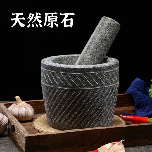 Huili's large hand-made original stone garlic pounder natural household stone mortar pounder medicine jar grinder garlic peeler garlic press garlic mortar large hand-made cylinder-shaped carving with stone hammer
