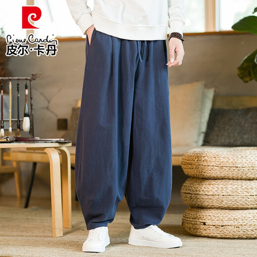 皮尔卡丹（pierre cardin）春秋棉麻灯笼裤男粗腿纯色居家哈伦裤宽松复古麻料裤子大裆休闲裤 黑色 2XL