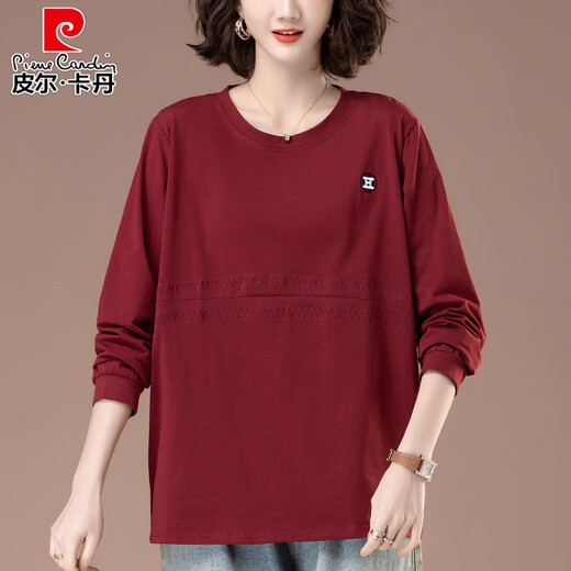 Pier Cardin plus Fat Plus Taille T-shirt en coton pur pour femmes Sweats-shirts à manches longues à manches longues et à manches automobiles de base de base de la mère âgée d'âge moyen (9923] 4xl Convient pour 160-180jin [Jin est égal à 0,5 kg]