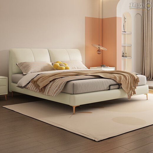 Xinying small apartment cream style master bedroom leather double bed modern simple technology cloth Italian minimalist soft bag bed Napa leather and technology cloth are available for purchase 1500mm*1900mm assembled box bed