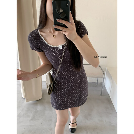 WE French fresh girly lace-up floral round neck short-sleeved dress W5155 GLP blue M