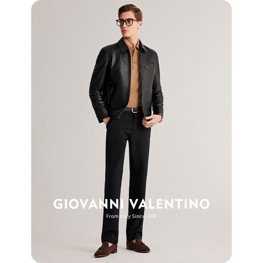 卓凡尼·华伦天奴（GIOVANNI VALENTINO）休闲男士真皮皮衣外套头层牛皮翻领夹克 黑色 2X（185/104A）