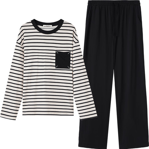 Chundu Couple Pajamas Women's Spring and Autumn Pure Cotton Striped Long Sleeve Autumn Home Clothing Men's Suit Thin Black and White Stripes/Black (Women's Style) 2XL