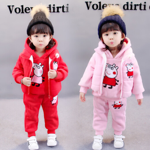 Children's clothing, girls' suits, winter clothing, children's suits, baby girls' clothes, children's sports sweatshirts and vests, three-piece set, thickened and velvet, autumn and winter toddlers and children's new style B13 red, height about 90CM