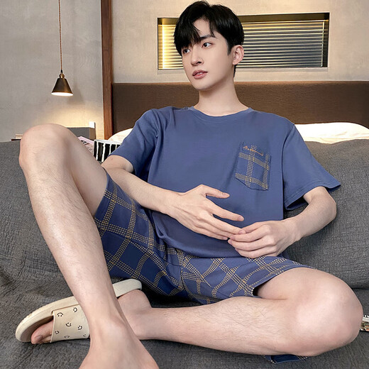 Manzhizhuang Pyjamas Herren Sommer Pure Cotton Shorts Shorts für Teenager Lose Heimkleidung für den Sommer-Dünnstil können am äußeren Anzug mittleren Alters HD9928 L getragen werden (empfohlen 100-125 Jin [Jin gleich 0,5 kg]))