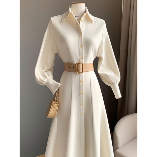 AEMAPE2025 new waist shirt autumn and winter French temperament slim dress long skirt polo collar new white white dress fabric M