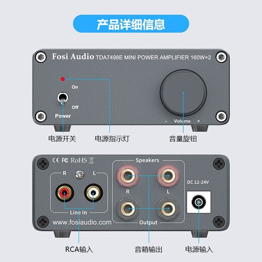 FOSI AUDIO TDA7498E Mini-Digital-Leistungsverstärker Leistungsverstärker Audioprozessor Haushalt kleiner High-Fidelity-Leistungsverstärker verkabelter Zweikanal-Silbergrau 19V/4,5A-Netzteil