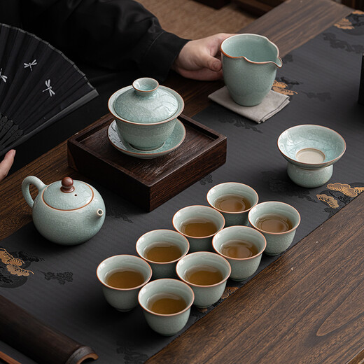 SUSHI CERAMICS Ru Kiln Ice Flower Glaze Tea Set Opening Pieces Can Grow Gold Thread Teapot Three-Cai Covered Bowl 8 High-End Gift Boxes Holiday Gifts