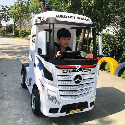 益京奔驰卡车头儿童电动汽车四轮四驱可坐人遥控宝宝货车小孩半挂拖车 高配白+大电瓶+四驱皮座+遥控+蓝牙音乐+手机遥控