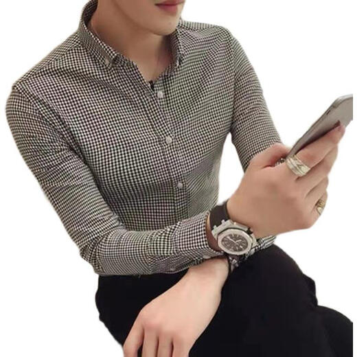 
MGJO flannel shirt men's plaid shirt men's long sleeves 12 spring and autumn high-end inner wear Korean style trendy slim fit and handsome no-iron casual business shirt 9923 small plaid black L 115Jin [Jin equals 0.5 kg] wear below