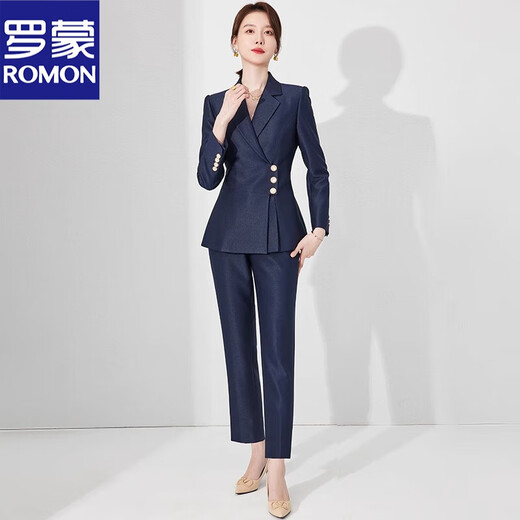 ROMON high-end navy blue business suit for women spring new fashion suit jacket business temperament formal wear navy suit + trousers S