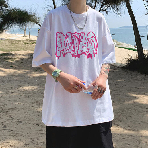 7-quarter sleeve T-shirt men ins trendy brand Hong Kong style couple loose clothes half-sleeved trend summer oversize national trend T-shirt SN1156 695 orange red S [collect priority delivery]