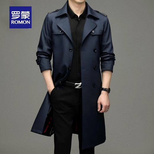 ROMON men's mid-length windbreaker men's coat autumn new business young and middle-aged casual spring and autumn long lapel coat trend 2256 navy blue XL recommended 140-160Jin Jin equals 0.5 kg