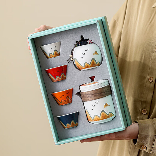 Forbidden City Cultural and Creative Mid-Autumn Festival and National Day Festival Souvenirs Tea Sets Housewarming Business Gift Sets for Foreigners Gifts from Thousand Miles of Rivers and Mountains (4 Colors)