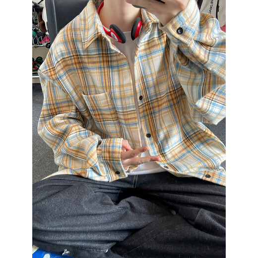 
Shelley Jones American retro trendy plaid long-sleeved velvet thickened shirt men's autumn and winter new lapel versatile shirt jacket CJ9734 orange XL [recommended 125-145Jin [Jin equals 0.5 kg]]