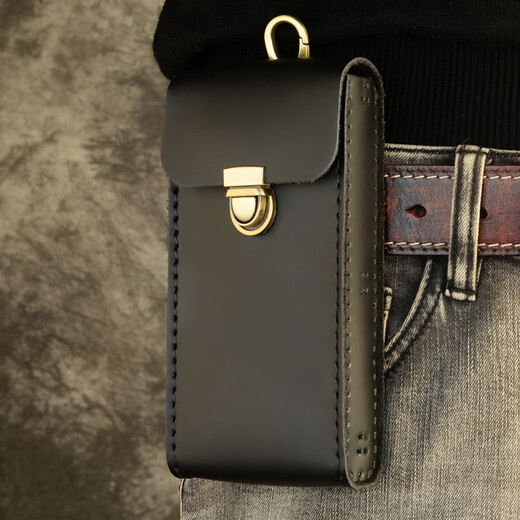 Kangaroo first layer cowhide belt bag for men genuine leather belt bag hard cowhide waist bag pure cowhide large screen smartphone bag black single layer small (16.5x8) cm pack 1