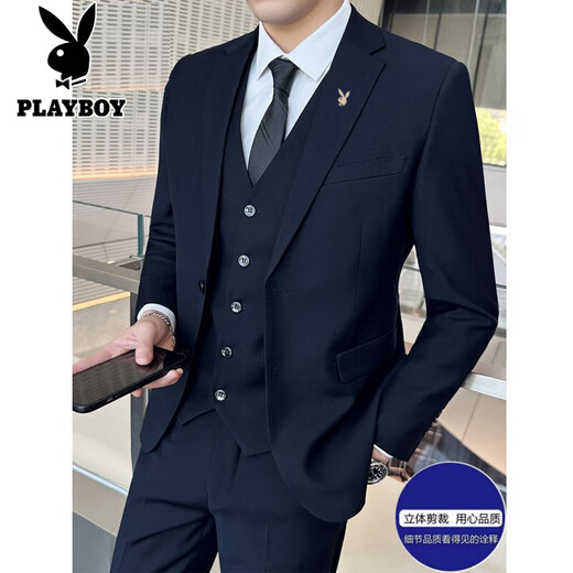 Playboy-Anzug Herrengeschäft Slim Anzug Professioneller Anzug kleiner Anzug Bräutiger Bester Mann Hochzeitskleid Dreiköpfig Set Black Double Button Anzug + Hose + Hemd + große Geschenktüte XL [115-130jin [Jin gleich 0,5 kg]]