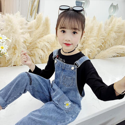 Disney (Disney) Girls Denim Overalls Set 2024 Spring and Autumn Girls Jeans Loose Girls Overalls Girls Pants White Embroidery T 110