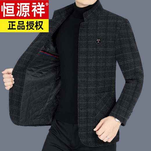 恒源祥毛呢大衣男短款宽松秋冬中年格子立领羊毛呢子男士休闲外套 灰咖色 170/M(适合体重100-120斤)