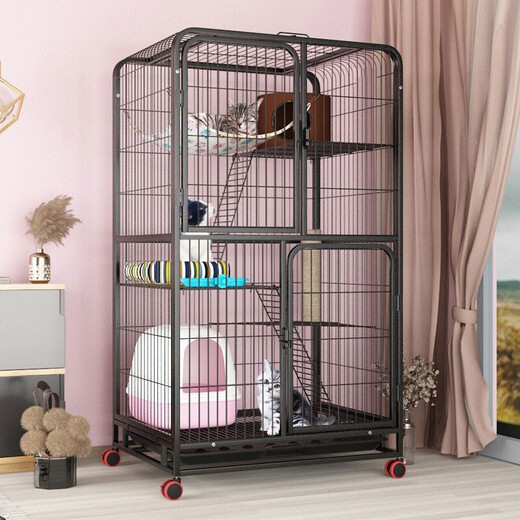 Yuyangxuan Cat Cage Kitten Adult Cat Four-story Villa Iron Cat Cage Multi-layer Portable Large Thick Thickness Black Four-layer + Skylight + movable 85*65