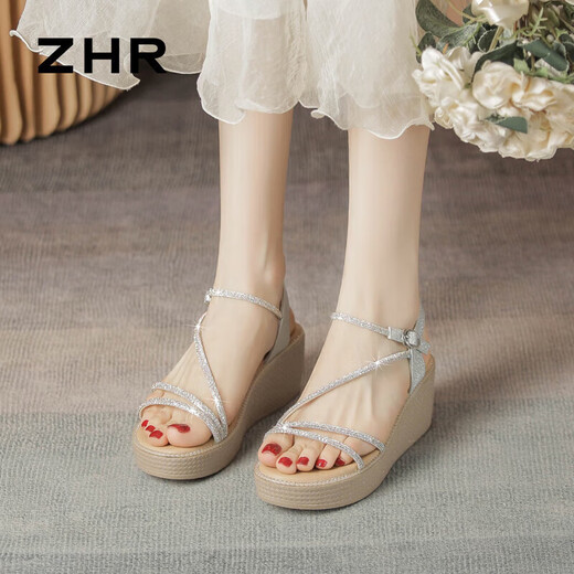 Zhr Sandalen Frauen Flash Drill Rampenhalsriemen Frauenschuhe elegante Dame Stil vielseitige Schuhe für Frauen M571 Tarnung Silber 37