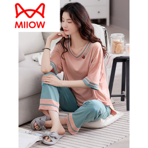 猫人（MiiOW）睡衣女夏纯棉薄款家居服两件套短袖长裤休闲套头居家服女夏套装棉 LM7374 M码[适合150-160身高80-105体重]