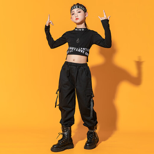 Tan Beiman Girl Dark Jazz Tanz Trendy Cool Performance Model Academy Body Training Girl Fashion Show Set 682 Black Long Sleeve + 2088 Schwarze Hose 140 cm