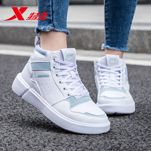 特步（XTEP）女鞋夏季高帮鞋板鞋2025新款皮面防水休闲鞋子轻便户外运动鞋子女 白兰9721 36