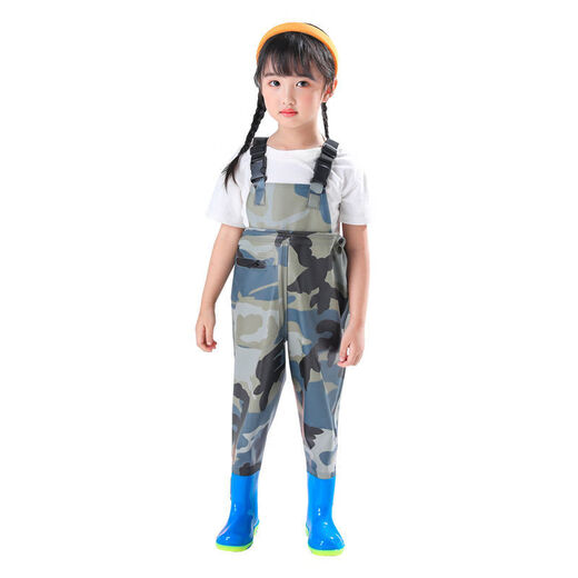 Lower body of waders for boys, large children's play clothes, waterproof waders, rain pants, one-piece rain boots, kindergarten children, beach fishing suits for men and women, children's pink overalls with pockets, size 21/27 (shoe inner length 14.5cm)