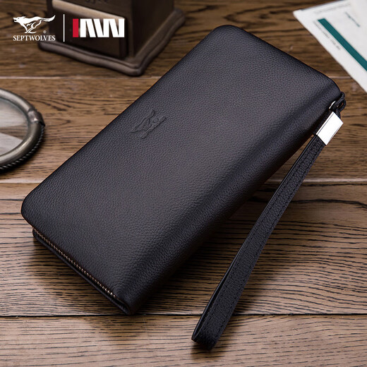 Seven Wolves men's handbag head layer cowhide large capacity clutch single zipper handbag Father's Day gift practical for dad black small trumpet 21 wide 11 thick 3cm