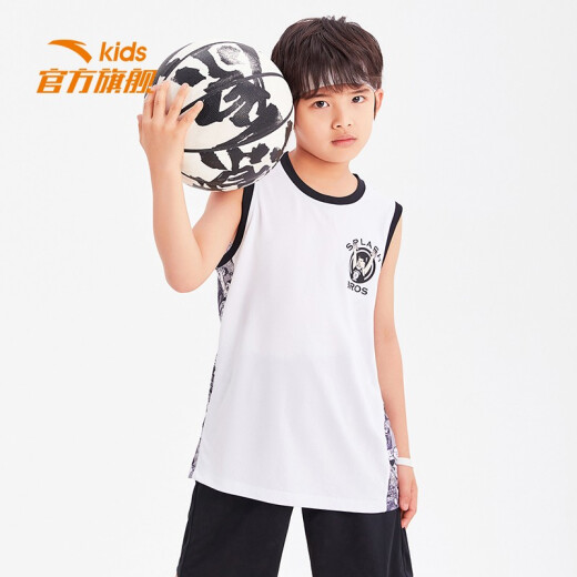 ANTA Children's Basketball Suit Men's Summer Children's Vest Boys Sports Suit Competition Wear Short T-Fifth Shorts Pure White/Classic Black-5150cm