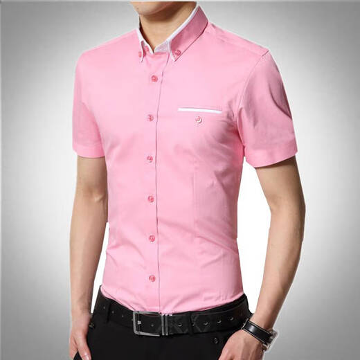 皮尔卡丹（pierre cardin）男款短袖衬衫修身型有特大号衣粉红色伴郎礼服结婚衬衣半袖夏季针 白色 M