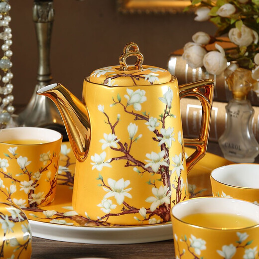 Heart Decoration Garden Living Room British-style Afternoon Tea Tea Set Luxurious European Bone China Water Cup Kettle Household Set Ceramic Tea Cup Gift Box Yellow Wangchun Magnolia 8-head Water Set