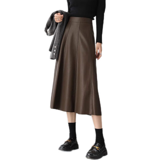 Aubaixi Leather Skirt Women's 2025 Spring Autumn Winter New High Waist Mid-Length Retro Umbrella Skirt A-Line Skirt Khaki M