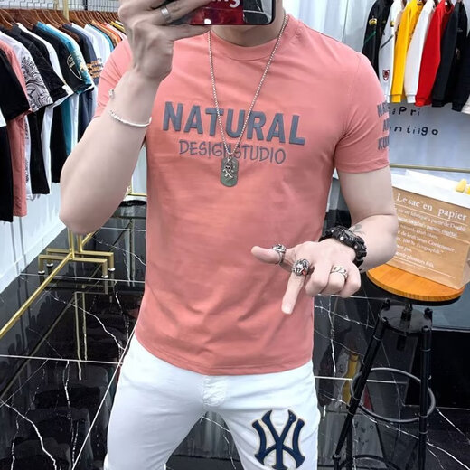 菲尼东爵（FNAADOOG）国潮棉夏季短袖T恤男印花刺绣韩版修身简约男士体恤ins时尚青 白色T1477 M 【建议95-115斤】