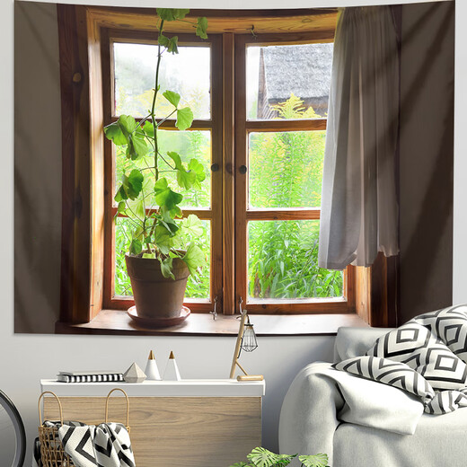 Nature morte à l'extérieur de la fenêtre Fake Window Scenery fond de table en tissu Décoration de chevet de table de pavillon suspendu chambre de tapisserie moche murale 384 3884 [HD Velvet Cloth_Horizontal Style] 130 HEAULD 150 LAVETH CM (+ lampe d'étoile du package d'installation)