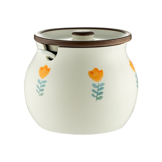 Onlycook lard jar ceramic high temperature resistant household chili oil jar with lid and spoon oil chili jar oil storage tank chili jar old-fashioned small yellow flower model (420ml with lid and small spoon)