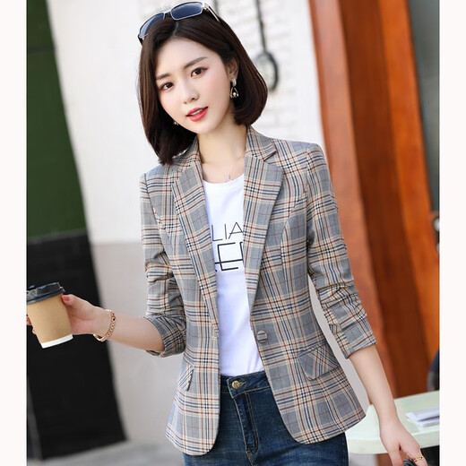 樱芭妮格子小西装外套女2025春秋新款修身显瘦小个子休闲小西服长袖上衣 8918杏格长袖 2XL （119-128斤）