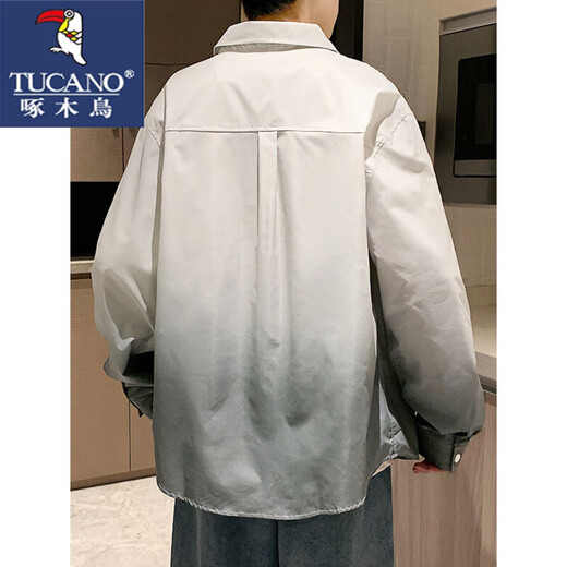 
Woodpecker gradient color shirt men's long-sleeved spring and summer thin trendy lapel free iron loose casual top men's shirt jacket G30 white XL
