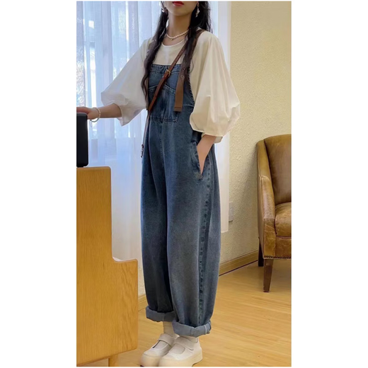 孕妇背带裤春秋款外穿牛仔长裤减龄新款大码宽松小个子孕妇装秋装 牛仔背带裤+上衣（套装） L（105-125斤）
