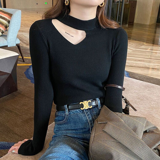 Zhidoudou Fashion Speming Base Shirt Women's Automne 2025 Nouvelle clavicule à la mode Clavicule exposée Clavicule serré Corps Sous-vêtements Sweater tricoté 9926 Noir régulier 8xl S recommandé 80-95jin [Jin est égal à 0,5 kg]