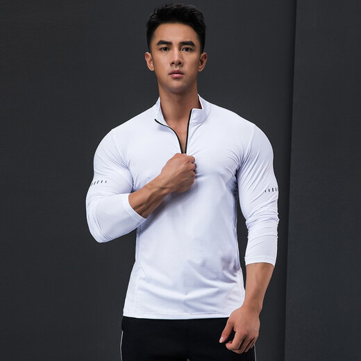 Lutie Dog Fitness Clothing Quick-drying Clothes Men's Autumn and Winter Long-Sleeved Stretch Breathable Sweat-Absorbent Sports and Casual T-Shirts Stand Collar Bottoming Fitness Clothes White XL/175-180