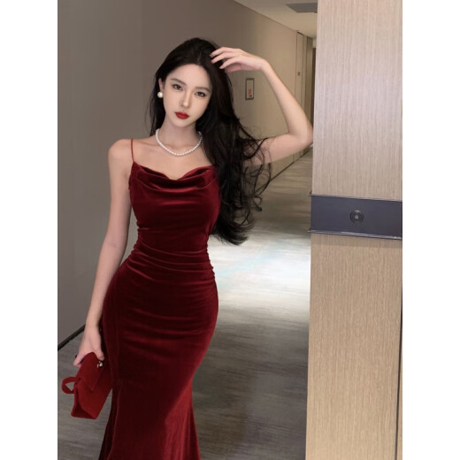 以欧（YIOU）法式复古年会晚会生日礼服收腰紧身开叉包臀吊带裙内搭长裙9737 黑色 M