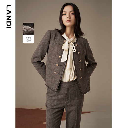 LANDI floral yarn retro high-end wool short suit jacket women's suit suit winter new product coffee floral yarn XL