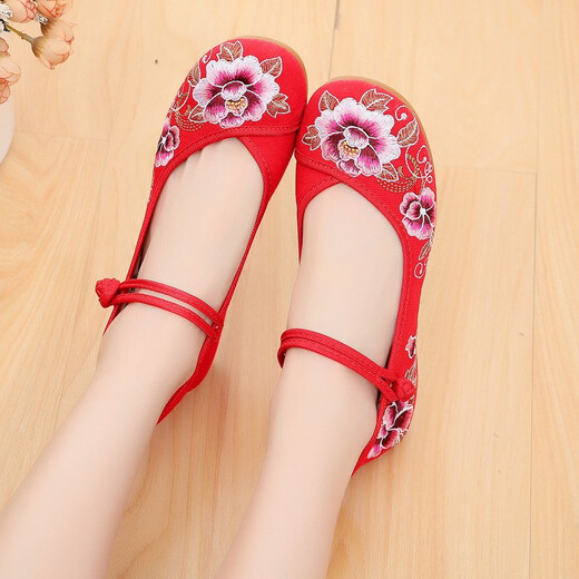 Yonghechun national style embroidered shoes ancient style embroidered Hanfu shoes square dance women single shoes mother shoes old Beijing cloth shoes cheongsam shoes flower shell red 38 standard number