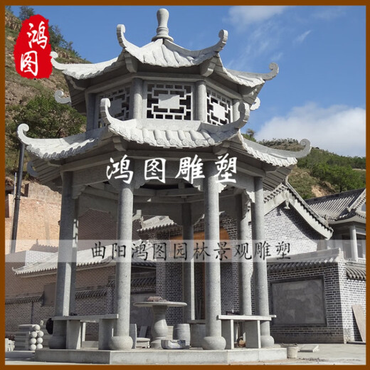 Stone carving pavilion outdoor granite double-layer octagonal stone pavilion Chinese-style square community villa landscape pavilion can be engraved Granite octagonal pavilion 3.6 meters in diameter fixed jin