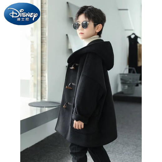 Disney (Disney) Boys' Woolen Coat 2024 Autumn and Winter New Children's Horn Button Woolen Coat Children's Clothing Top Mid-Length Loose Hooded Black 120 Recommended height is about 120cm