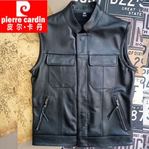 Pierre Cardin (Pierre Cardin) Spring and Autumn Leather Vest Fashion Trendy Handsome Motorcycle Cycling Suit Leather Vest Sleeveless Waistcoat Top Men Black M 90-110Jin Jin is equal to 0.5 kg