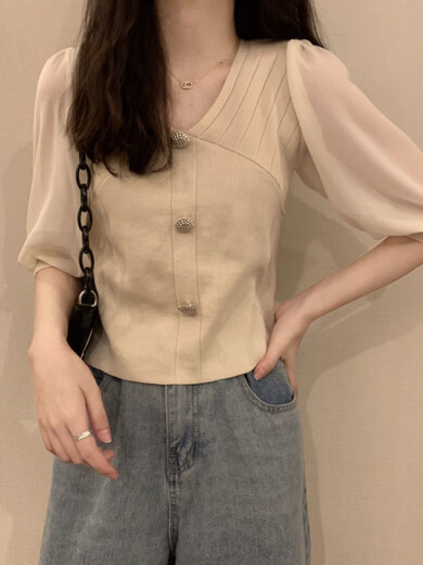 依慕琪2025夏新款冰丝雪纺拼接V领短袖针织衫淑女薄款打底衫短款上衣MCL 3523黑色 均码 (70-125斤可穿)