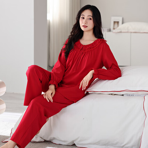 
Pony-female pajamas with chest pads for women in spring and autumn pure cotton long-sleeved lapels for women, mothers can wear lycra cotton home clothes set 687 crimson (with chest pads) M [150-160CM/90-110Jin[Jin equals 0.5 kg]]